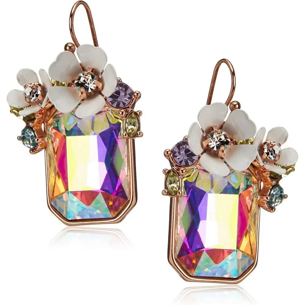 Women's White Flower Cluster Stone Drop French Wire Glass Base Earrings Drop